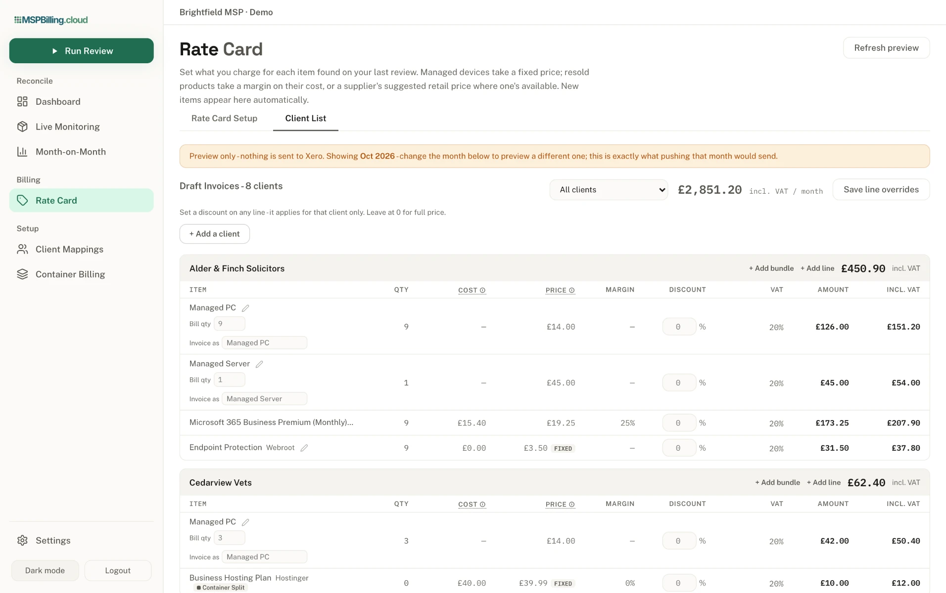 The Rate Card in the MSPBilling.cloud demo environment