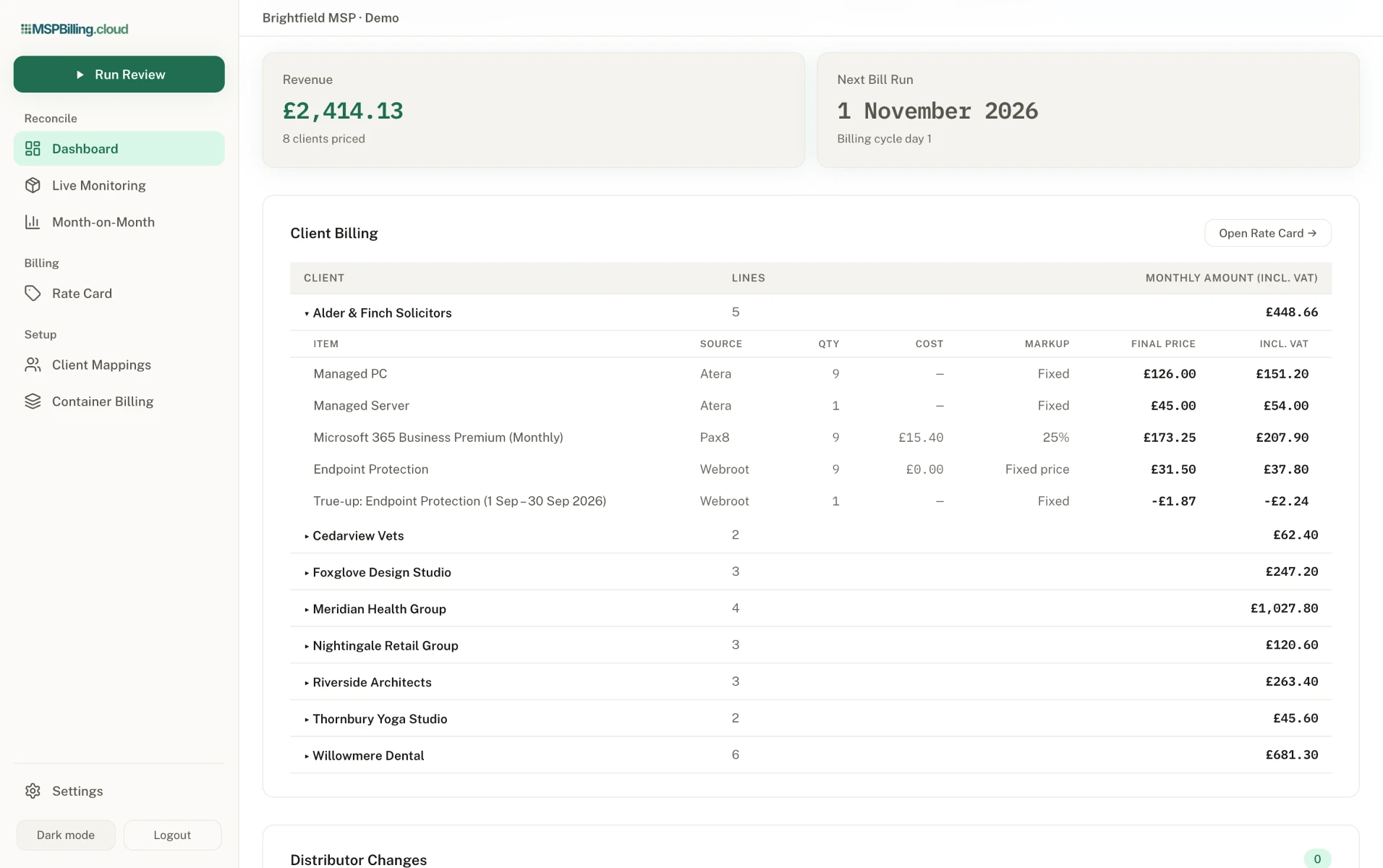 Client billing in the MSPBilling.cloud demo environment